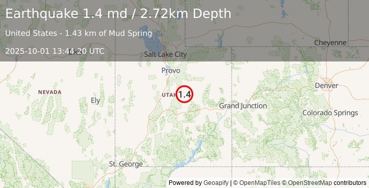 Earthquake 6 km SW of Hiawatha, Utah (1.4 md) (2025-10-01 13:44:20 UTC)