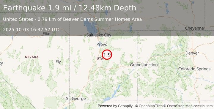 Earthquake 11 km W of Clear Creek, Utah (1.9 ml) (2025-10-03 16:32:57 UTC)