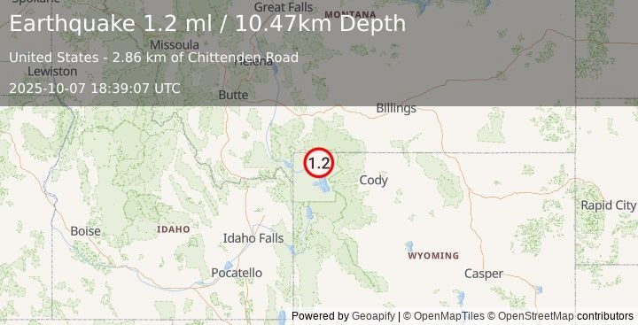 Earthquake 28 km SE of Mammoth, Wyoming (1.2 ml) (2025-10-07 18:39:07 UTC)
