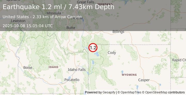 Earthquake 16 km SSE of Mammoth, Wyoming (1.2 ml) (2025-10-08 15:05:04 UTC)