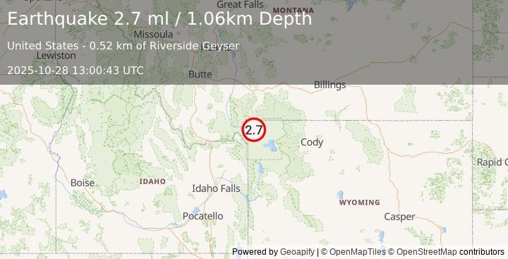 Earthquake 23 km SSW of Mammoth, Wyoming (2.7 ml) (2025-10-28 13:00:43 UTC)