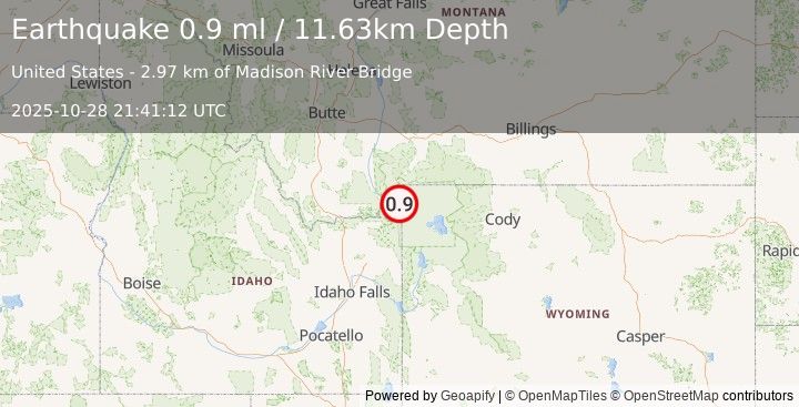 Earthquake 7 km ESE of Hebgen Lake Estates, Montana (0.9 ml) (2025-10-28 21:41:12 UTC)