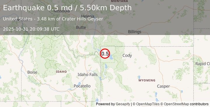 Earthquake 30 km E of West Yellowstone, Montana (0.5 md) (2025-10-31 20:09:38 UTC)