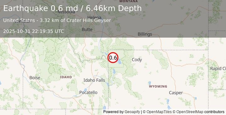 Earthquake 30 km E of West Yellowstone, Montana (0.6 md) (2025-10-31 22:19:35 UTC)