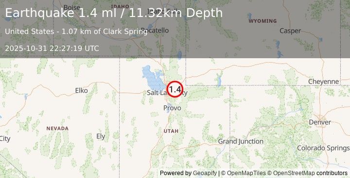 Earthquake 12 km WSW of Coalville, Utah (1.4 ml) (2025-10-31 22:27:19 UTC)