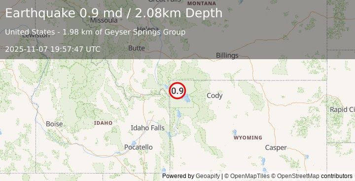 Earthquake 31 km E of West Yellowstone, Montana (0.9 md) (2025-11-07 19:57:47 UTC)
