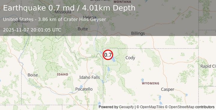 Earthquake 33 km E of West Yellowstone, Montana (0.7 md) (2025-11-07 20:01:05 UTC)