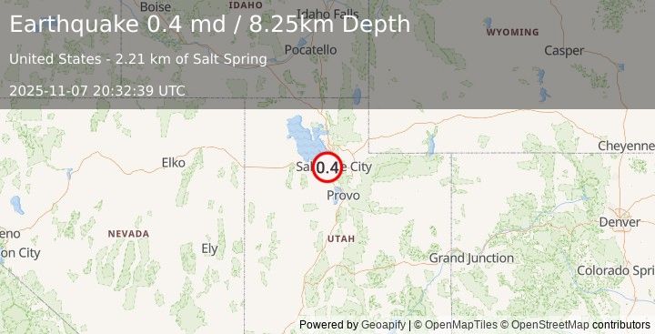 Earthquake 6 km NE of Magna, Utah (0.4 md) (2025-11-07 20:32:39 UTC)