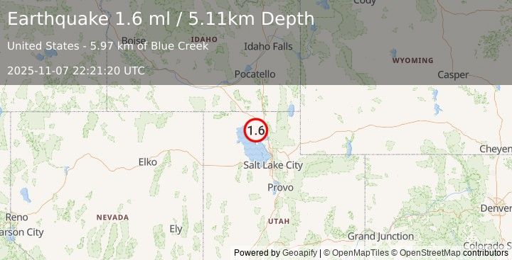 Earthquake 16 km SW of Thatcher, Utah (1.6 ml) (2025-11-07 22:21:20 UTC)