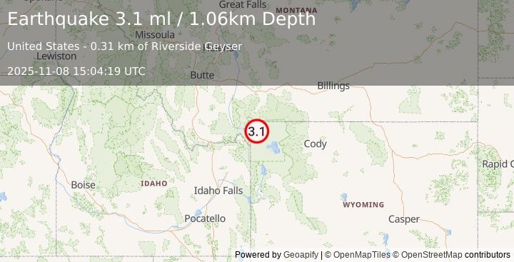 Earthquake 22 km SSW of Mammoth, Wyoming (3.1 ml) (2025-11-08 15:04:19 UTC)