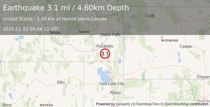 Earthquake 25 km WSW of Arimo, Idaho (3.1 ml) (2025-11-12 09:44:11 UTC)