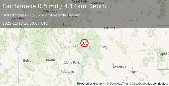 Earthquake 23 km SSW of Mammoth, Wyoming (0.5 md) (2025-11-18 16:50:07 UTC)