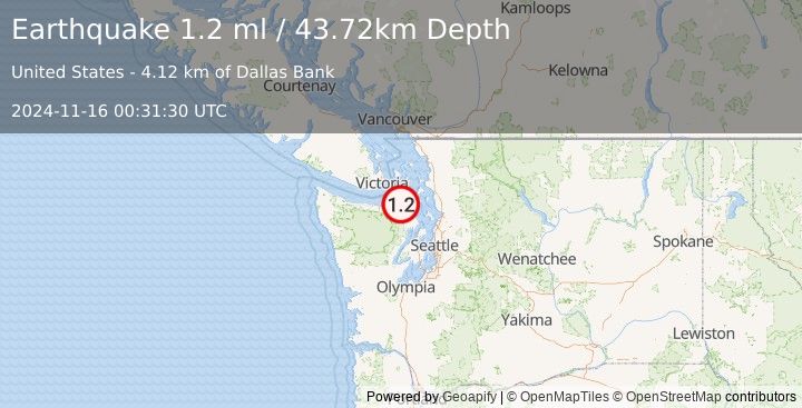 Earthquake 7 km ENE of Jamestown, Washington (1.2 ml) (2024-11-16 00:31:30 UTC)