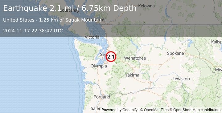 Earthquake 3 km SSE of Issaquah, Washington (2.1 ml) (2024-11-17 22:38:42 UTC)