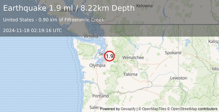 Earthquake 3 km NNW of Mirrormont, Washington (1.9 ml) (2024-11-18 02:19:16 UTC)