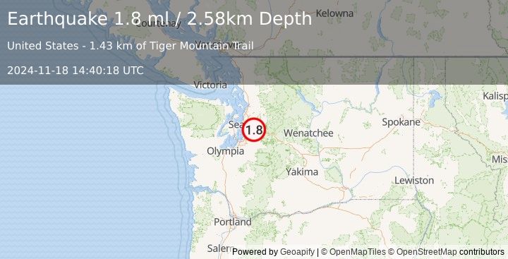 Earthquake 3 km NNW of Mirrormont, Washington (1.8 ml) (2024-11-18 14:40:18 UTC)