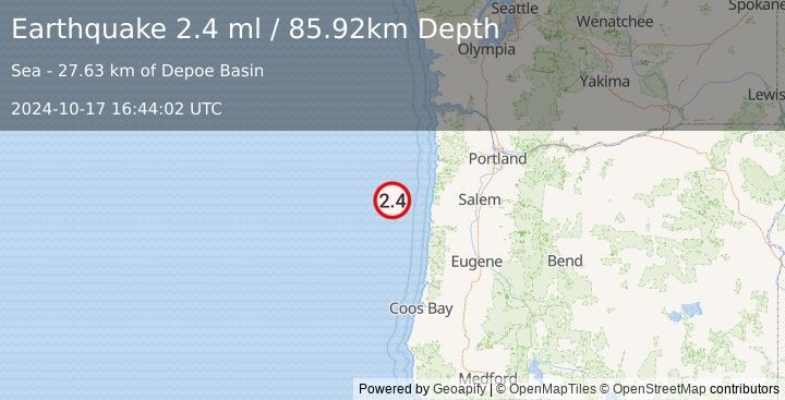 Earthquake 59 km WNW of Depoe Bay, Oregon (2.4 ml) (2024-10-17 16:44:02 UTC)