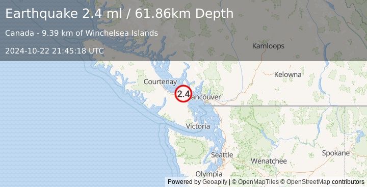 Earthquake 13 km NE of Fairwinds, Canada (2.4 ml) (2024-10-22 21:45:18 UTC)