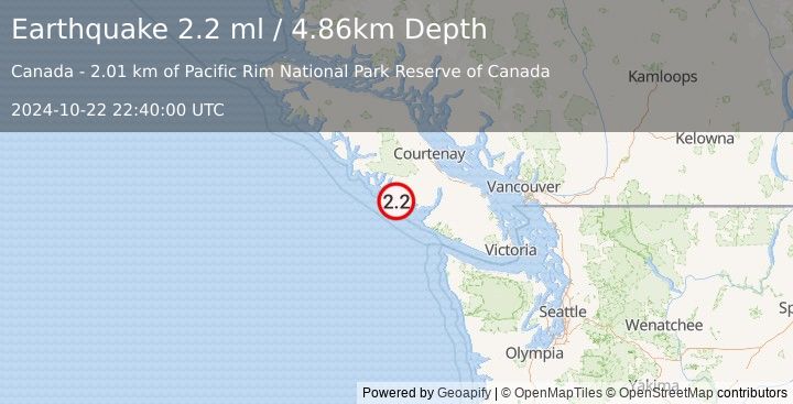 Earthquake 14 km NNW of Ucluelet, Canada (2.2 ml) (2024-10-22 22:40:00 UTC)