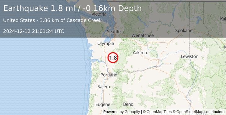 Earthquake 20 km SSE of Mossyrock, Washington (1.8 ml) (2024-12-12 21:01:24 UTC)