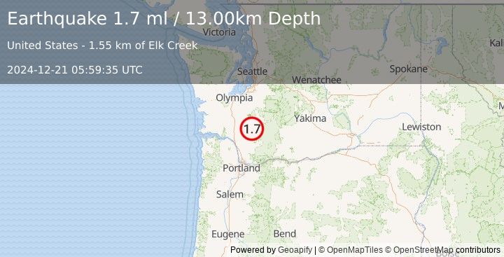 Earthquake 20 km SSE of Mossyrock, Washington (1.7 ml) (2024-12-21 05:59:35 UTC)