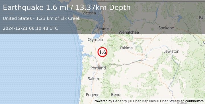 Earthquake 20 km SE of Mossyrock, Washington (1.6 ml) (2024-12-21 06:10:48 UTC)