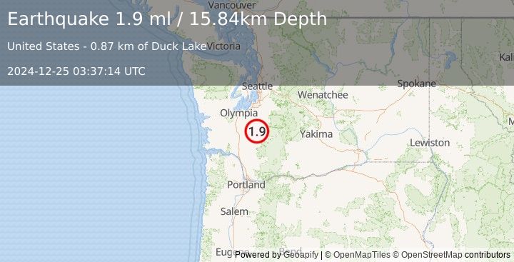 Earthquake 12 km NNW of Morton, Washington (1.9 ml) (2024-12-25 03:37:14 UTC)