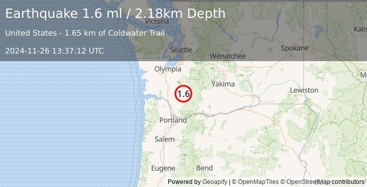 Earthquake 27 km S of Morton, Washington (1.6 ml) (2024-11-26 13:37:12 UTC)