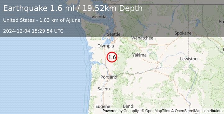 Earthquake 4 km SE of Mossyrock, Washington (1.6 ml) (2024-12-04 15:29:54 UTC)