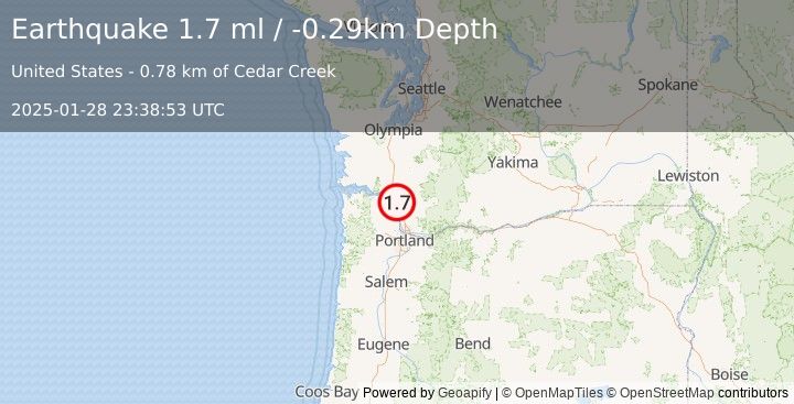 Earthquake 4 km NNE of Kalama, Washington (1.7 ml) (2025-01-28 23:38:53 UTC)