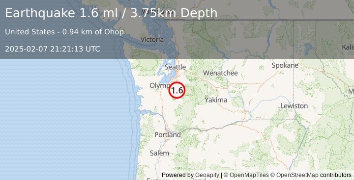 Earthquake 3 km NNE of Eatonville, Washington (1.6 ml) (2025-02-07 21:21:13 UTC)