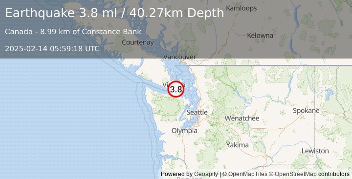 Earthquake 17 km SSE of Victoria, Canada (3.8 ml) (2025-02-14 05:59:18 UTC)