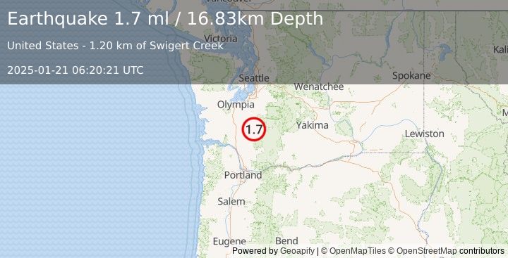 Earthquake 6 km SW of Morton, Washington (1.7 ml) (2025-01-21 06:20:21 UTC)