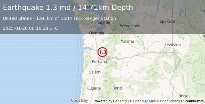 Earthquake 12 km N of Amboy, Washington (1.3 md) (2025-01-26 06:16:28 UTC)