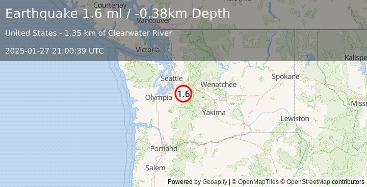 Earthquake 13 km W of Greenwater, Washington (1.6 ml) (2025-01-27 21:00:39 UTC)