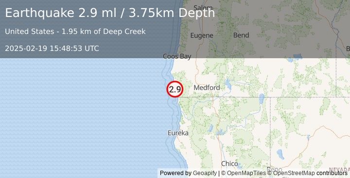 Earthquake 9 km E of Pistol River, Oregon (2.9 ml) (2025-02-19 15:48:52 UTC)