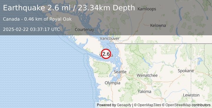 Earthquake 6 km NNW of Victoria, Canada (2.6 ml) (2025-02-22 03:37:17 UTC)