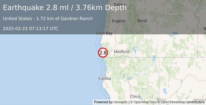 Earthquake 8 km E of Pistol River, Oregon (2.8 ml) (2025-02-22 07:13:17 UTC)