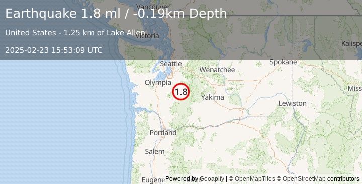 Earthquake 10 km E of Ashford, Washington (1.8 ml) (2025-02-23 15:53:09 UTC)