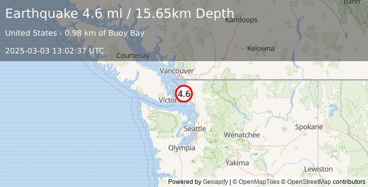 Earthquake 10 km E of Orcas, Washington (4.6 ml) (2025-03-03 13:02:37 UTC)