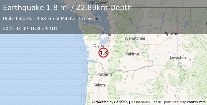 Earthquake 11 km N of Onalaska, Washington (1.8 ml) (2025-03-09 01:30:29 UTC)