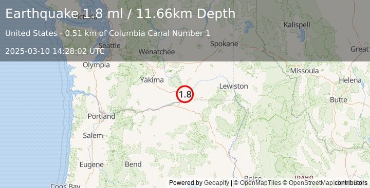 Earthquake 4 km SE of Kennewick, Washington (1.8 ml) (2025-03-10 14:28:02 UTC)