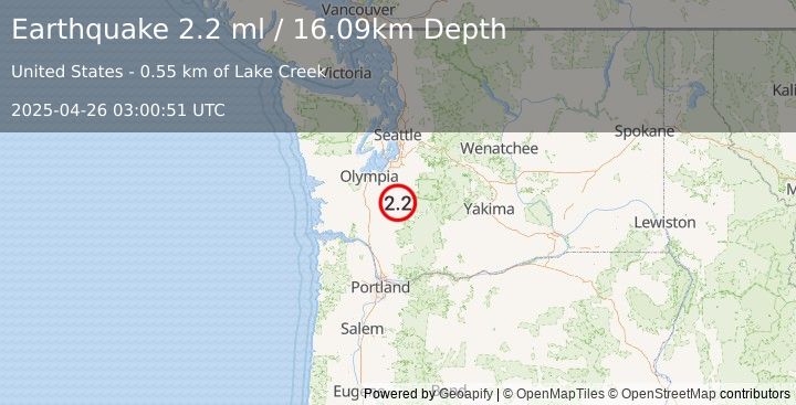 Earthquake 11 km WSW of Mineral, Washington (2.2 ml) (2025-04-26 03:00:51 UTC)