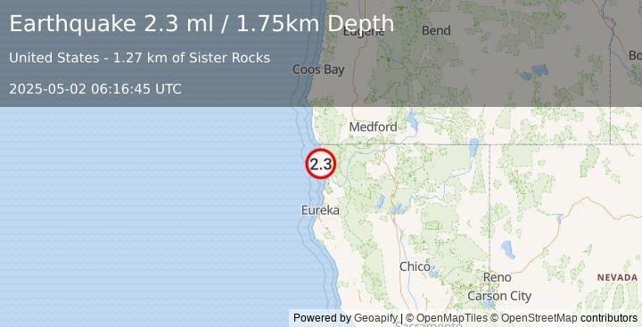 Earthquake 11 km S of Bertsch-Oceanview, California (2.3 ml) (2025-05-02 06:16:45 UTC)