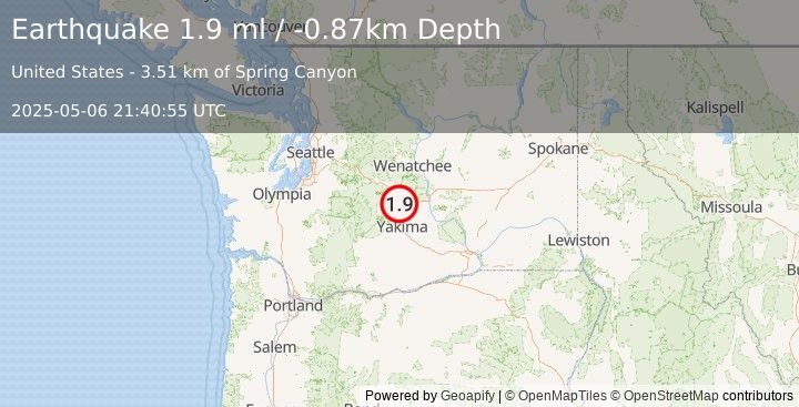 Earthquake 9 km S of Ellensburg, Washington (1.9 ml) (2025-05-06 21:40:55 UTC)