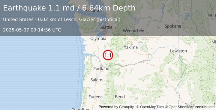 Earthquake 38 km NNE of Amboy, Washington (1.1 md) (2025-05-07 09:14:36 UTC)