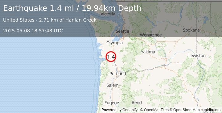 Earthquake 8 km W of Ryderwood, Washington (1.4 ml) (2025-05-08 18:57:48 UTC)