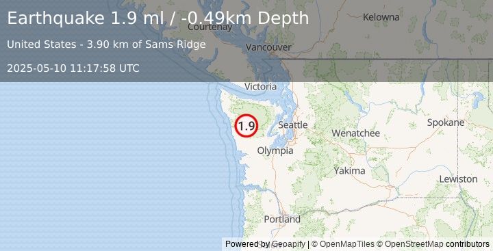 Earthquake 15 km NNE of Amanda Park, Washington (1.9 ml) (2025-05-10 11:17:58 UTC)
