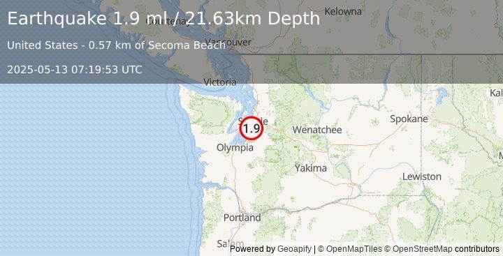Earthquake 2 km SW of Burien, Washington (1.9 ml) (2025-05-13 07:19:53 UTC)