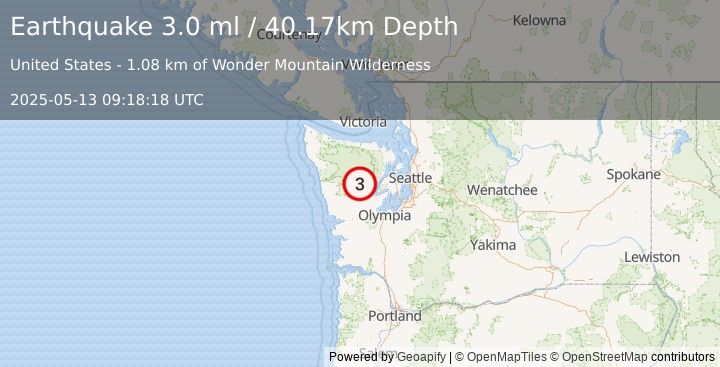 Earthquake 25 km WNW of Hoodsport, Washington (3.0 ml) (2025-05-13 09:18:18 UTC)